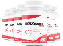 Multiple bottles of Max Boost Plus dietary supplement, showing the product label and packaging.